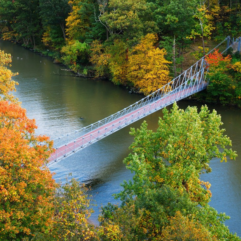 The Hudson River Valley in autumn with colorful mountain and Bridge over Hudson River.