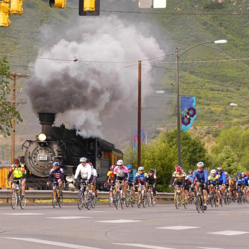 Iron Horse Classic riders attempt to beat the train, Durango, Colorado.