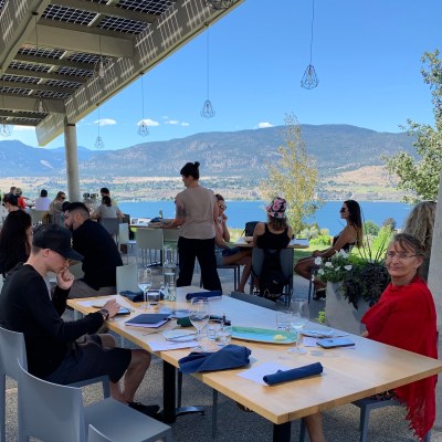 Brannen and Magali Gyr on the Poplar Grove terrace in Penticton, British Columbia.