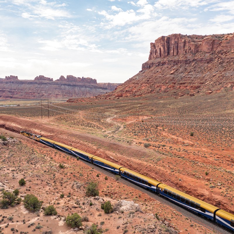 Aerial view of a Rocky Mountaineer train on its route between Moab and Denver.