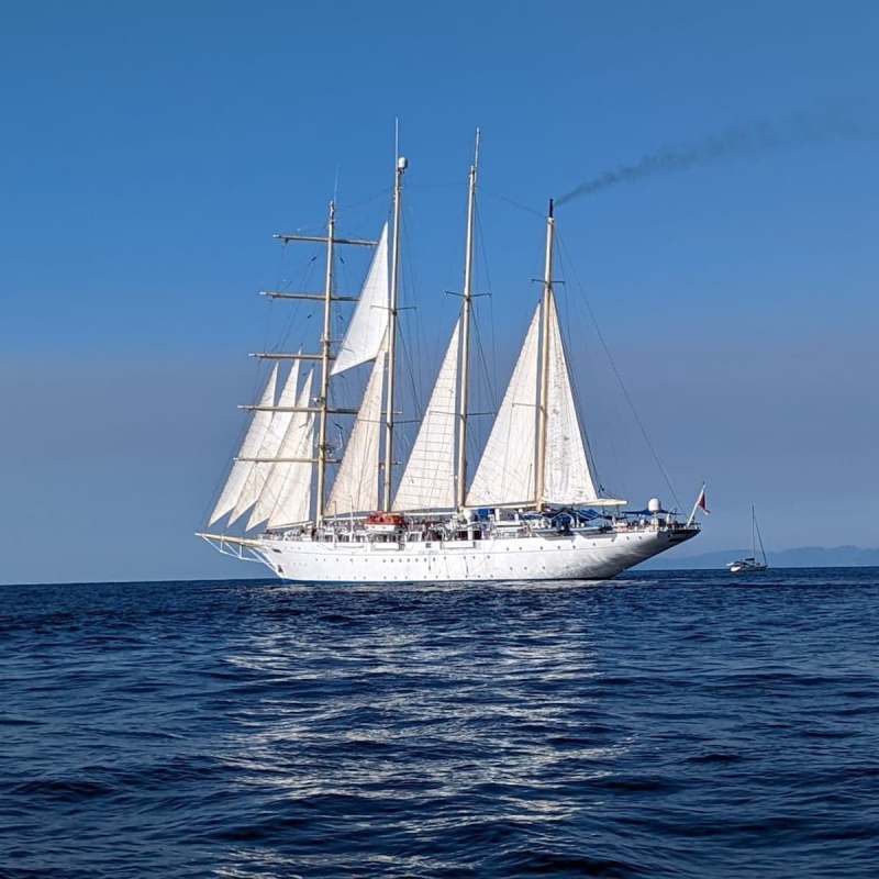 The Star Clipper sits in the ocean at full sail off the coast of Portofino, Italy.