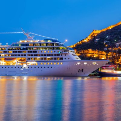 Mediterranean Cruise ship docked in Turkey at night