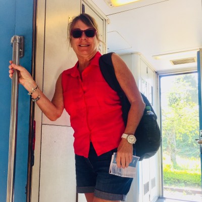 Deborah Ives on a train in Sri Lanka