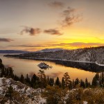 Sunrise over Emerald Bay State Park, Lake Tahoe, California.