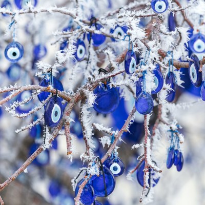 Nazar boncuğu amulets hanging from a tree in Türkiye