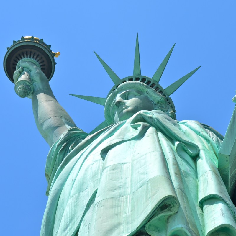 Low view of the Statue of Liberty, New York City.