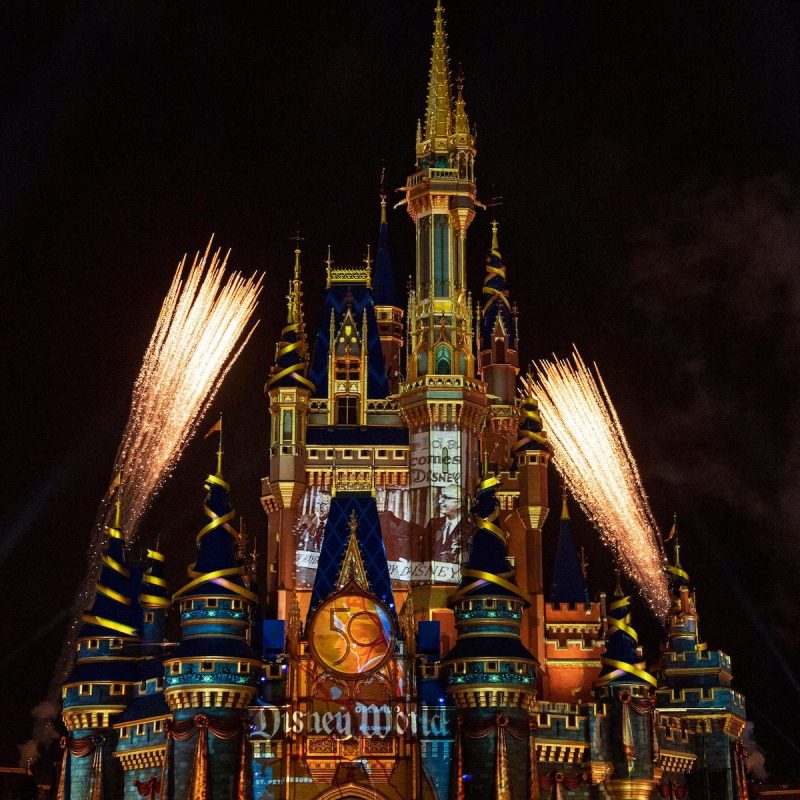 Fireworks at Magic Kingdom Park during Walt Disney World Resort's 50th anniversary.