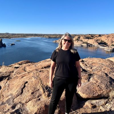 Cindy Barks wearing Unbound Merino Tee on Willow Lake Trail in Prescott, Arizona