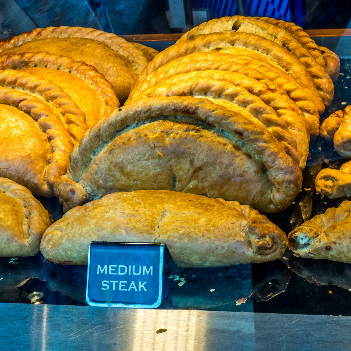 Cornish pasties for sale at a bakery