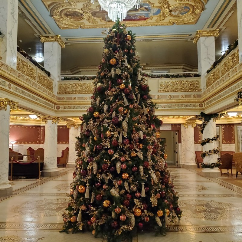 Christmas tree in the ornate lobby of the French Lick resort