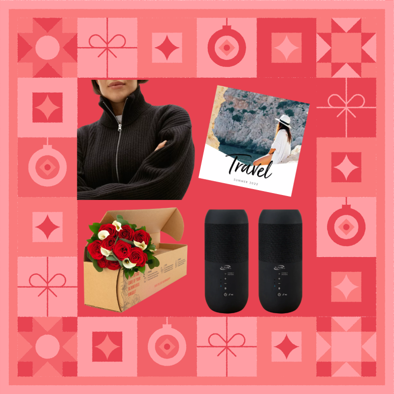 four gifts on red gift wrap background: merino wool pullover, mixbook, BloomsyBox, and bluetooth speakers