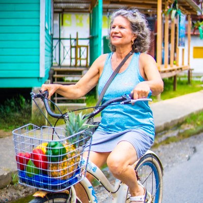 Anne-Michelle biking to get groceries