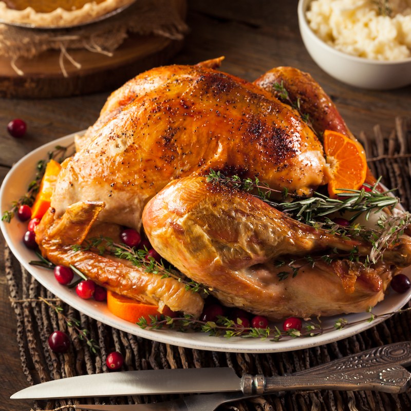 cooked turkey garnished with cranberries and orange slices