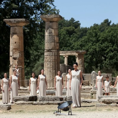 Torch lighting ceremony at Ancient Olympia for the Olympic Games