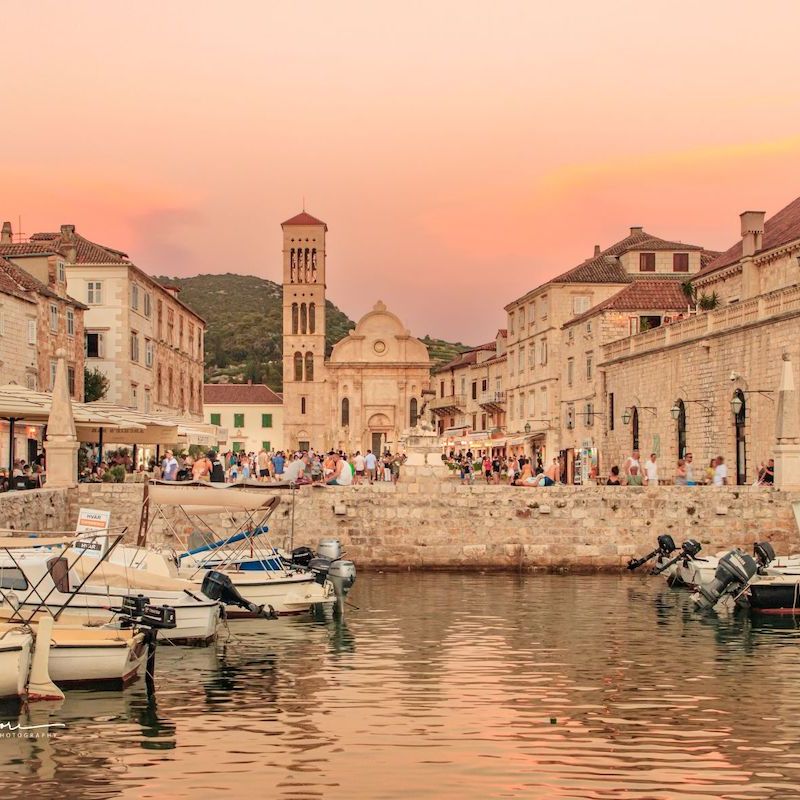 Hvar's main square in the shadow of 17th century Cathedral of St. Stephen