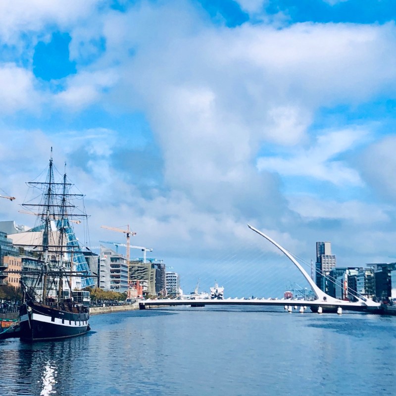 Samuel Beckett Bridge and the Jeanie Johnston Famine Ship on the River Liffey