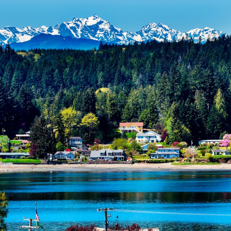 Poulsbo Bainbridge Island Puget Sound Snow Mountains Olympic National Park, Washington State