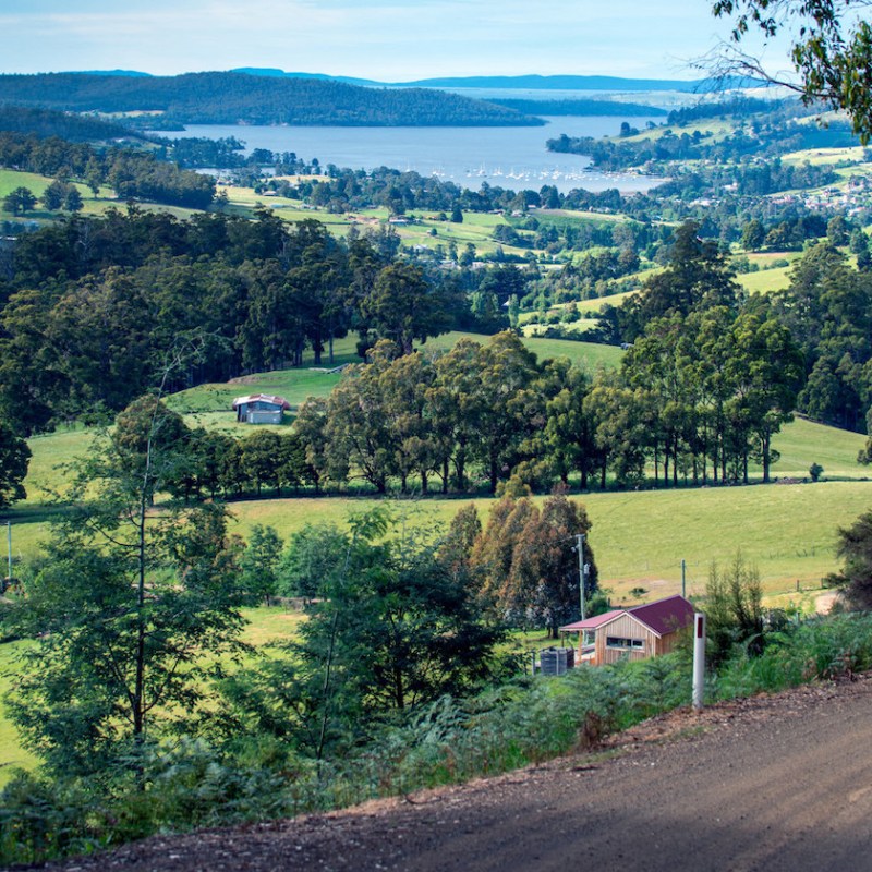 Aerial view of Cygnet's rolling countryside