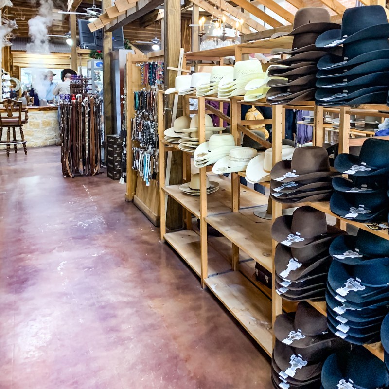 Cowboy hats ready for new owners at Catalena Hatters in Bryan, Texas