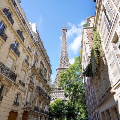 The Eiffel Tower seen from Rue de l'Université in the 7th arrondissement of Paris