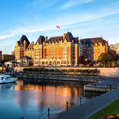 "Golden hour" highlights the historic Fairmont Empress Hotel in Victoria, British Columbia