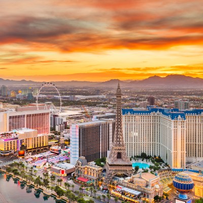 Aerial view of Las Vegas, Nevada, at dusk.