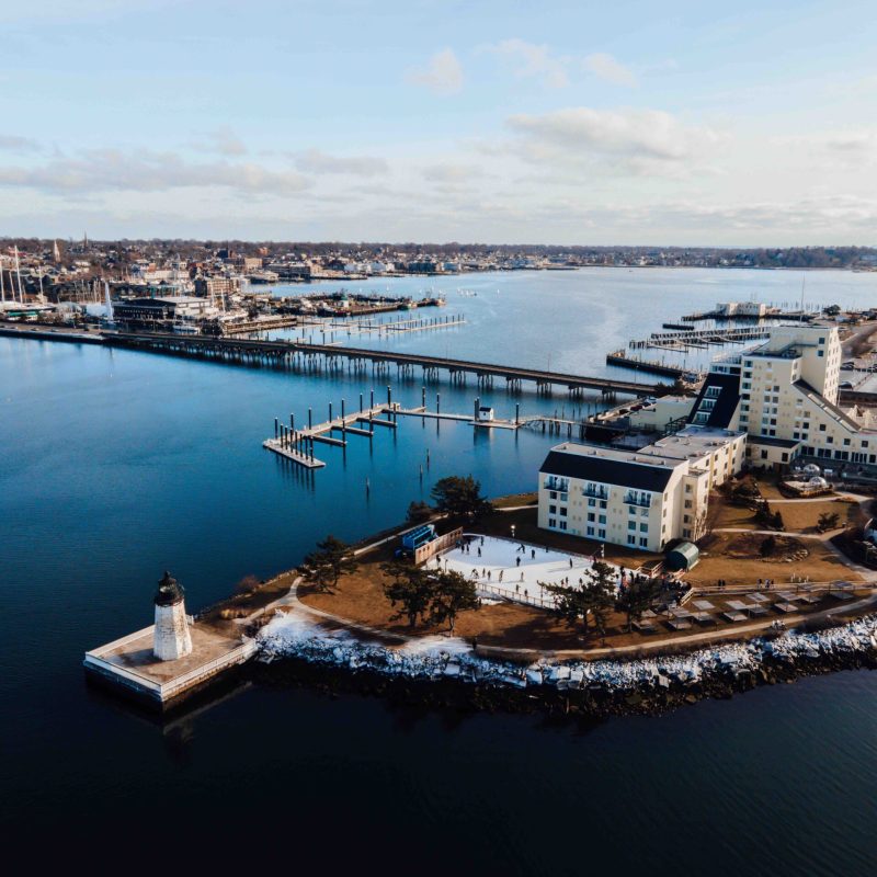 Aerial shot of Newport, RI during winter