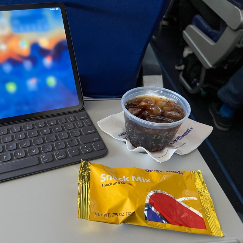 Tablet and snacks on a Southwest Airlines flight