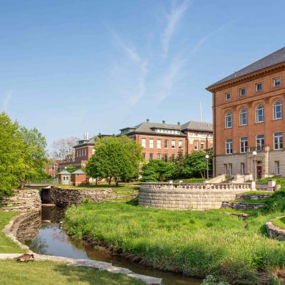 Boneyard Creek and campus buildings on the campus of the University of Illinois at Urbana–Champaign