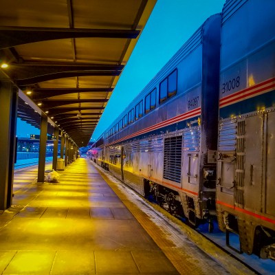 An Amtrak train at night