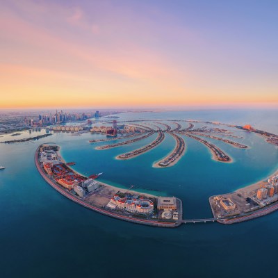 Palm Jumeirah aerial shot at sunset