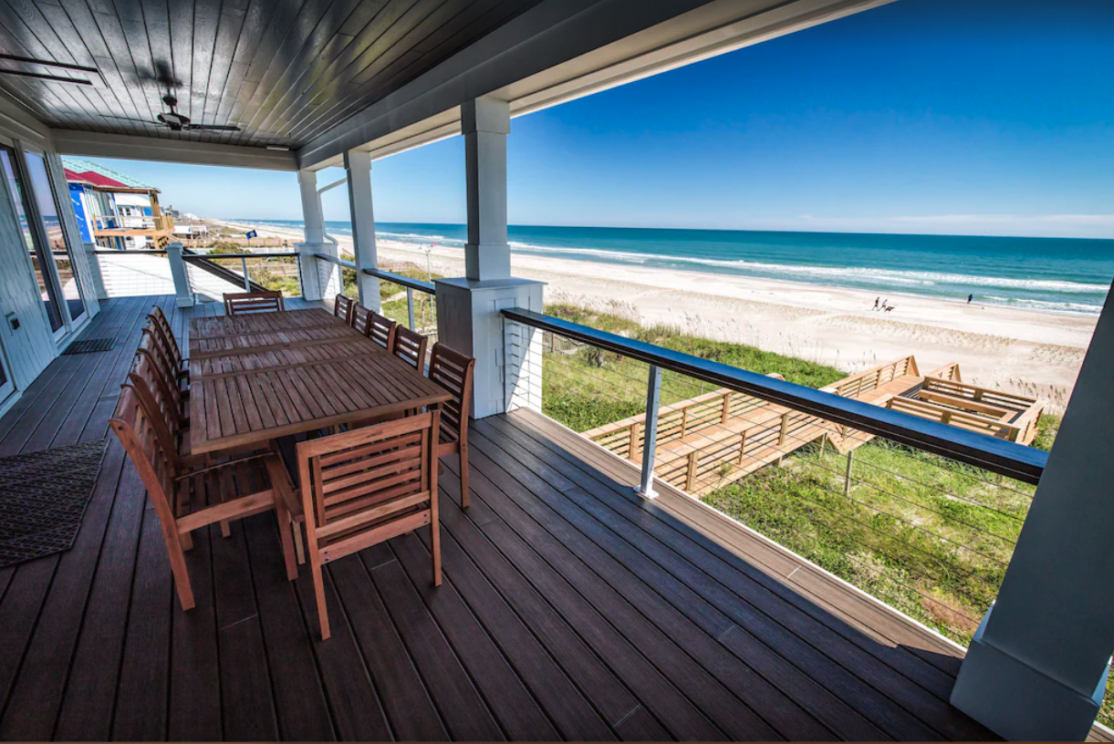 porch of Topsail Beach rental overlooking Atlantic Ocean
