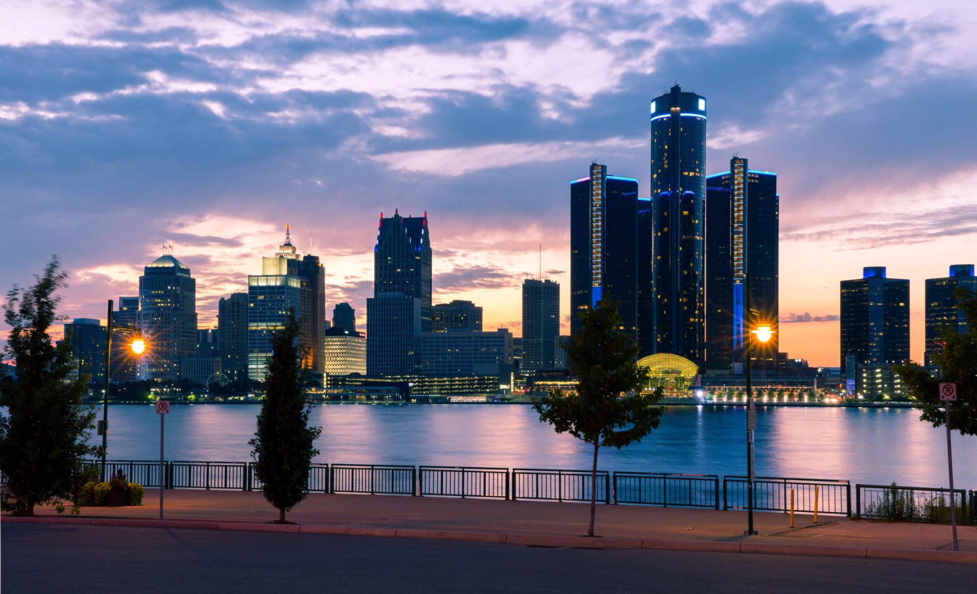 Detroit, Michigan skyline during sunset