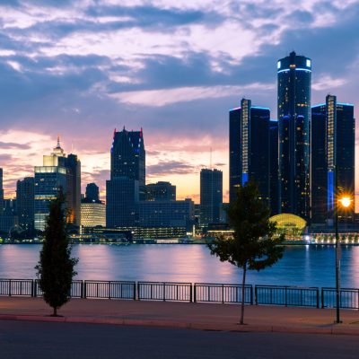 Detroit, Michigan skyline during sunset