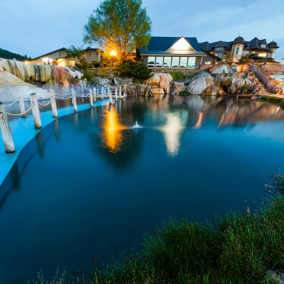 Golden Pond Bridge at dusk at The Springs Resort