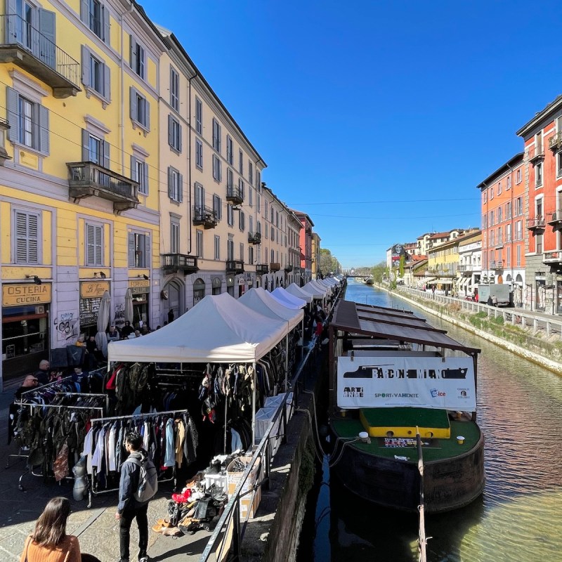 The flea market stalls by the Navigli Canal in Milan