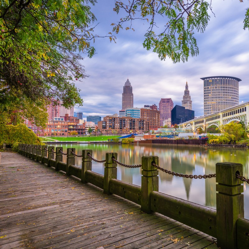 Cleveland along the Cuyahoga River at dusk