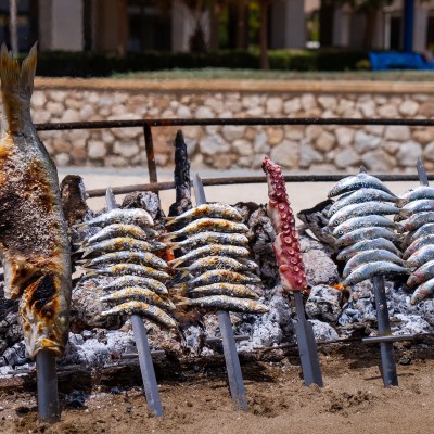 Espetos, or sardine skewers and other fish grilled on the beaches of Costa del Sol in Spain
