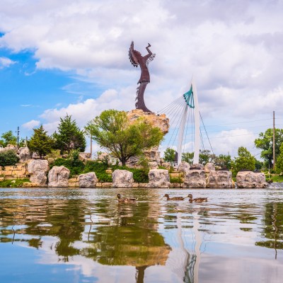 The confluence of the Arkansas and Little Arkansas Rivers at the Keeper of the Plains monument