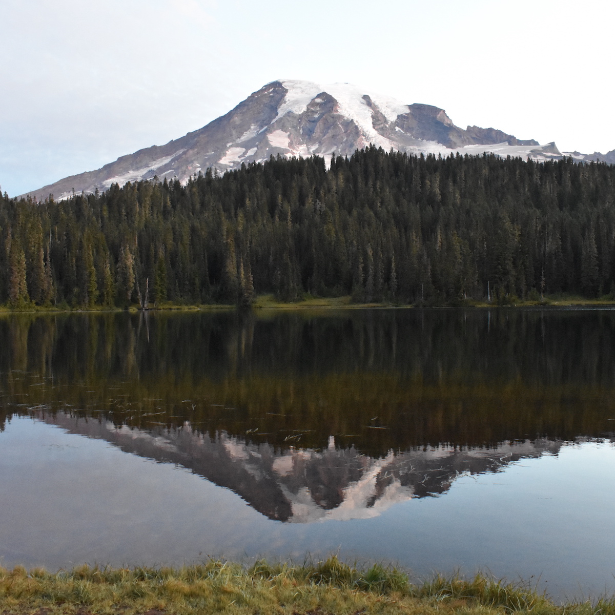 Mount Rainier behind Reflection Lake at sunrise