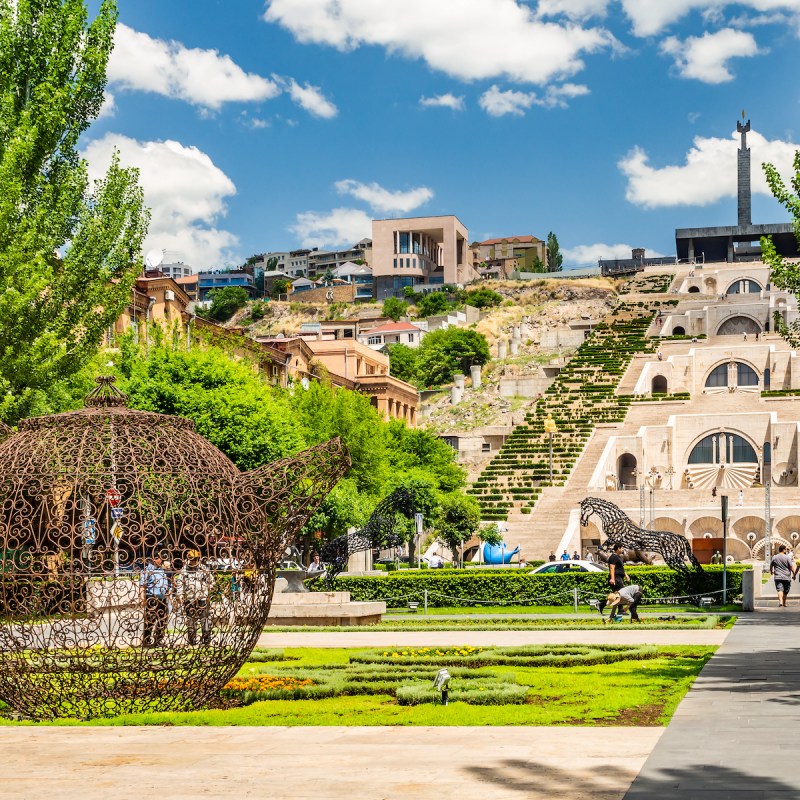 Sculptures at the base of the Cascades Complex in Yerevan, Armenia