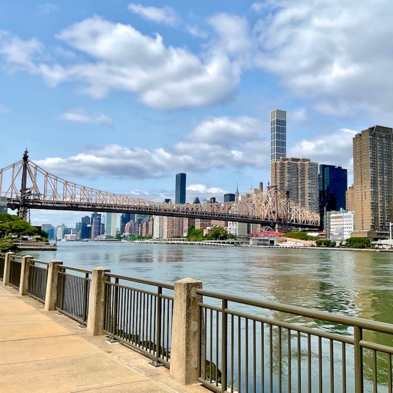 Walking along the boardwalk looking across the East River