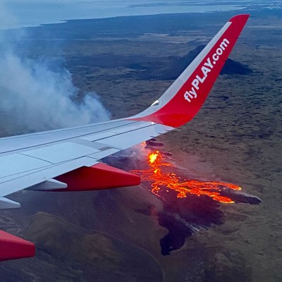 Litli-Hrutur Volcano erupting in Iceland, taken from a PLAY Airline flight