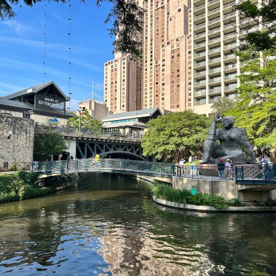 The San Antonio River Walk showing its newest public art statue