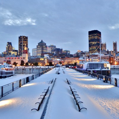 Snow-covered benches in downtown Montreal