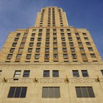 Towering facade of the Hotel Cincinnati Netherland Plaza