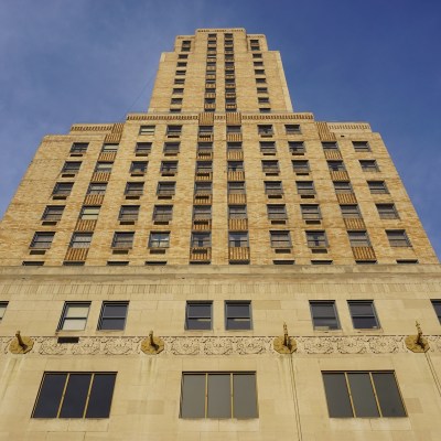 Towering facade of the Hotel Cincinnati Netherland Plaza