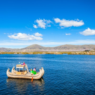 Totora boat on Lake Titicaca in Peru