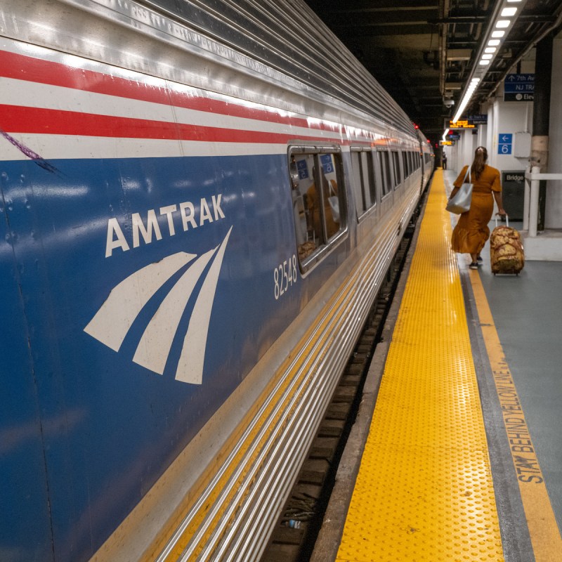 Amtrak train in the Moynihan Train Hall in New York City