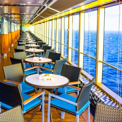 Dining Room Buffet aboard the abstract luxury cruise ship. breakfast with sea view